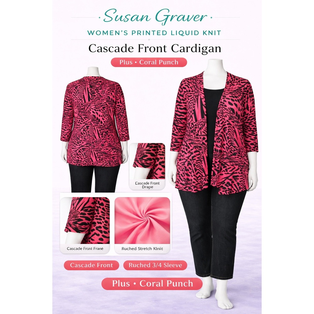 Susan Graver 2X Liquid Knit Cascade Front Cardigan Coral Punch Pink Black 3/4